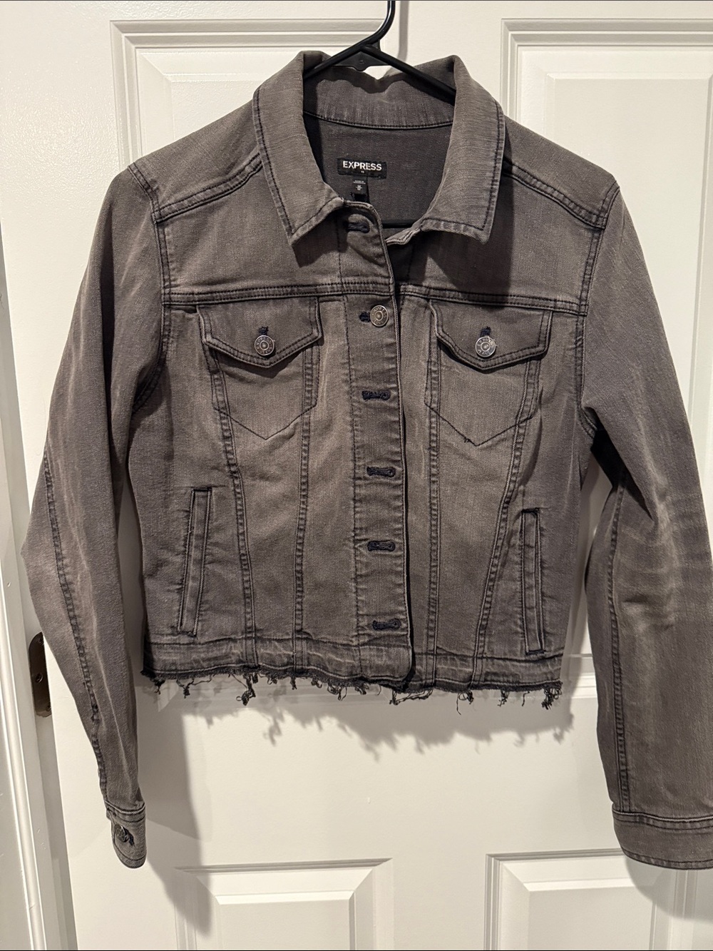Express Grayish Black Cropped Denim Jacket with Raw Hem
